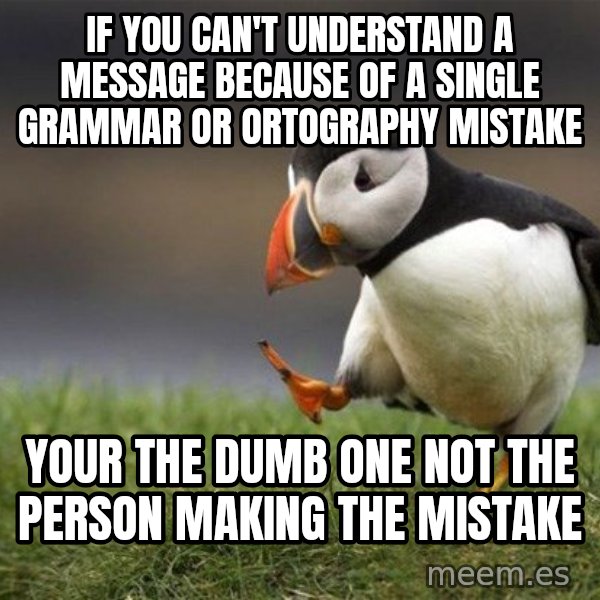 Unpopular Opinion Puffin meme: If you can't understand a message because of a single grammar or ortography mistake / Your the dumb one not the person making the mistake