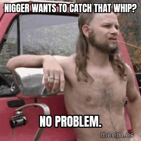 Almost Politically Correct Redneck meme: Nigger wants to catch that whip? / No problem.