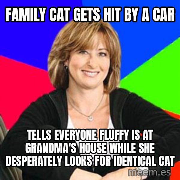 Sheltering Suburban Mom meme: family cat gets hit by a car / tells everyone Fluffy is at grandma's house while she desperately looks for identical cat