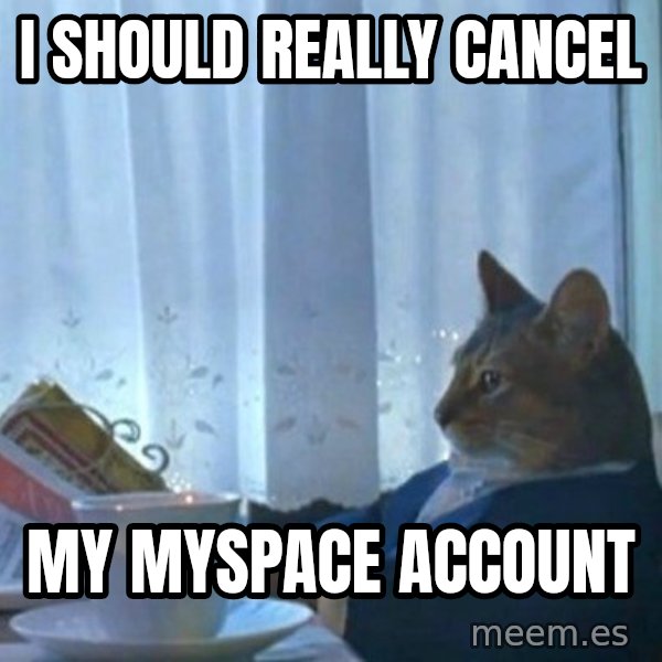 newspaper cat realization meme: I should really cancel / my myspace account