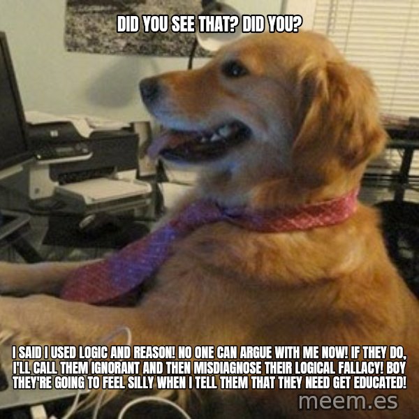 I have no idea what I'm doing - Dog with Tie meme: Did you see that? Did you? / I said I used logic AND reason! No one can argue with me now! If they do, I'll call them ignorant and then misdiagnose their logical fallacy! Boy they're going to feel silly when I tell them that they need get educated!