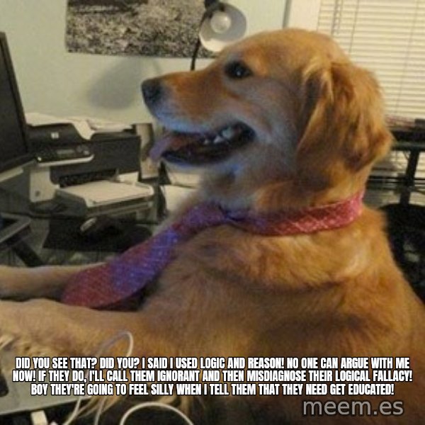 I have no idea what I'm doing - Dog with Tie meme: Did you see that? Did you? I said I used logic AND reason! No one can argue with me now! If they do, I'll call them ignorant and then misdiagnose their logical fallacy! Boy they're going to feel silly when I tell them that they need get educated!