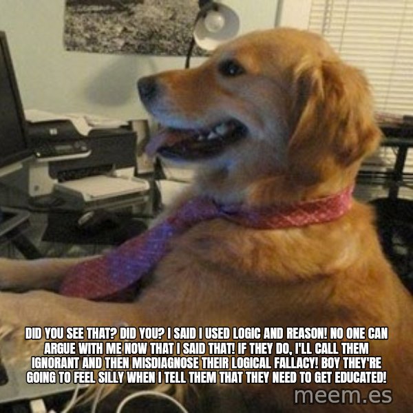 I have no idea what I'm doing - Dog with Tie meme: Did you see that? Did you? I said I used logic AND reason! No one can argue with me now that I said that! If they do, I'll call them ignorant and then misdiagnose their logical fallacy! Boy they're going to feel silly when I tell them that they need to get educated!