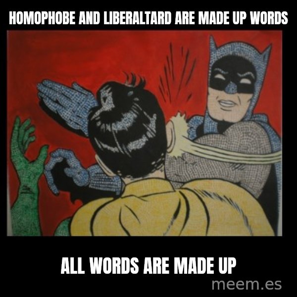 Batman Slappp meme: homophobe and liberaltard are made up words / all words are made up