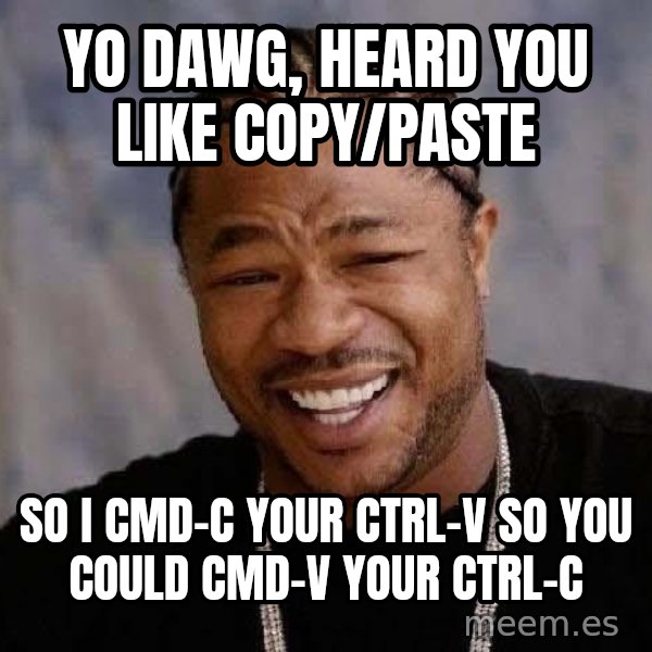 Yo Dawg meme: YO DAWG, HEARD YOU LIKE COPY/PASTE / So I Cmd-C your Ctrl-V so you could Cmd-V your Ctrl-C