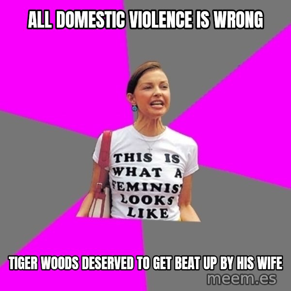 Feminist Cunt meme: all domestic violence is wrong / tiger woods deserved to get beat up by his wife
