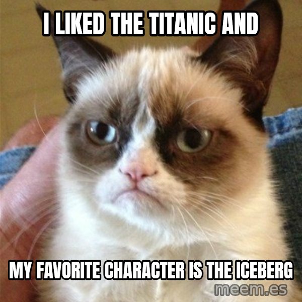 Grumpy Cat  meme: I LIKED THE TITANIC AND / MY FAVORITE CHARACTER IS THE  ICEBERG
