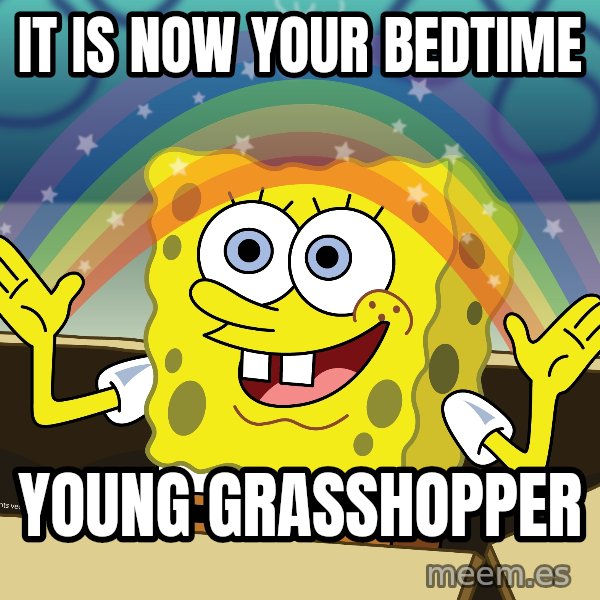 spongebob rainbow meme: IT IS NOW YOUR BEDTIME / YOUNG GRASSHOPPER