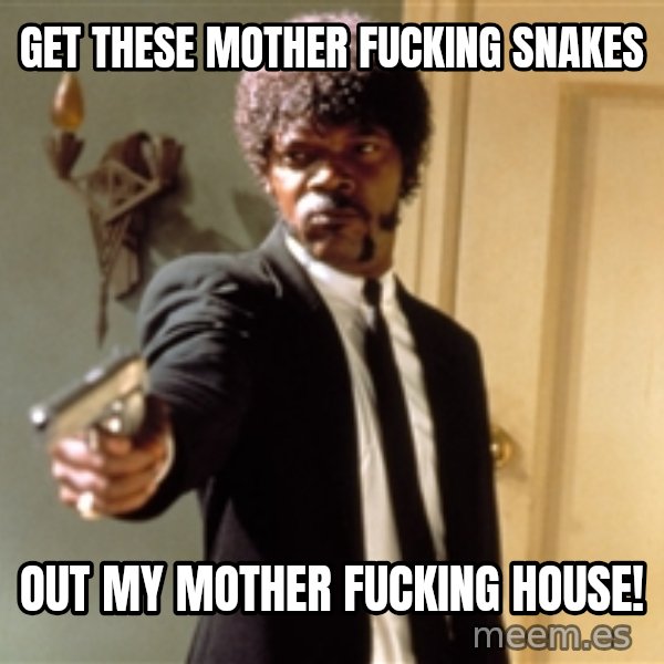 Samuel L Jackson meme: Get these mother fucking snakes / out my mother fucking house!