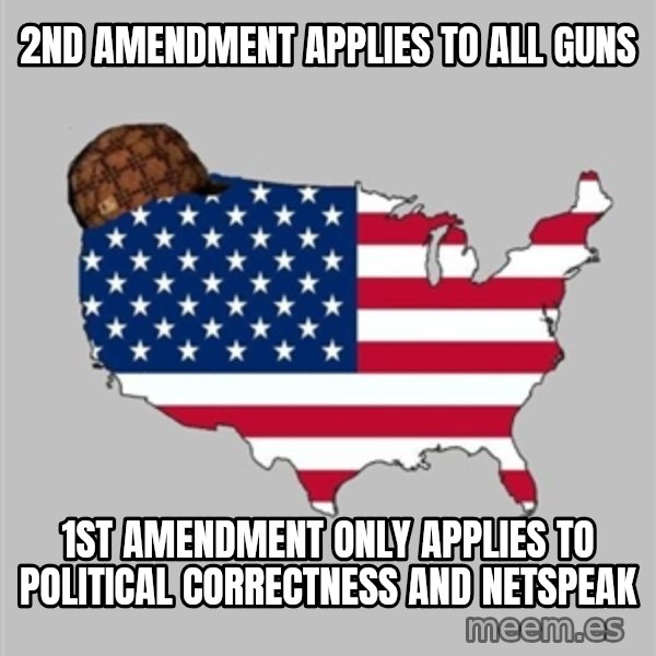 Scumbag America2 meme: 2nd amendment applies to all guns / 1st amendment only applies to political correctness and netspeak
