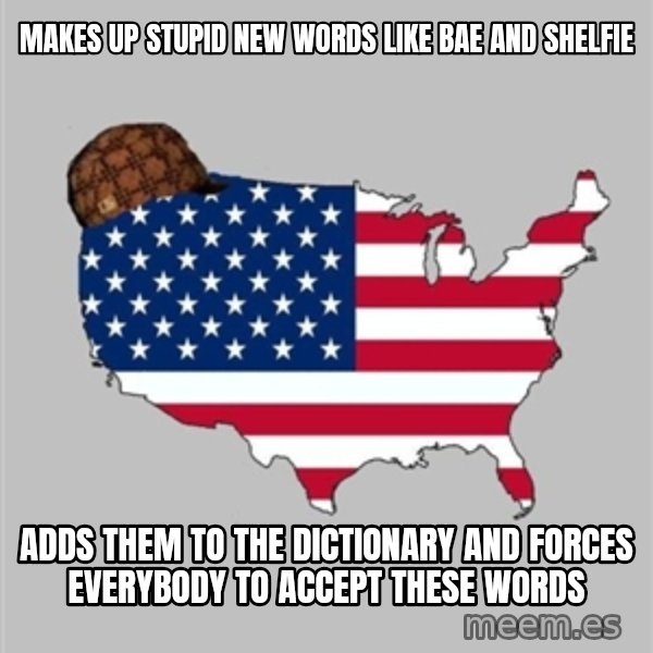 Scumbag America2 meme: makes up stupid new words like bae and shelfie / adds them to the dictionary and forces everybody to accept these words