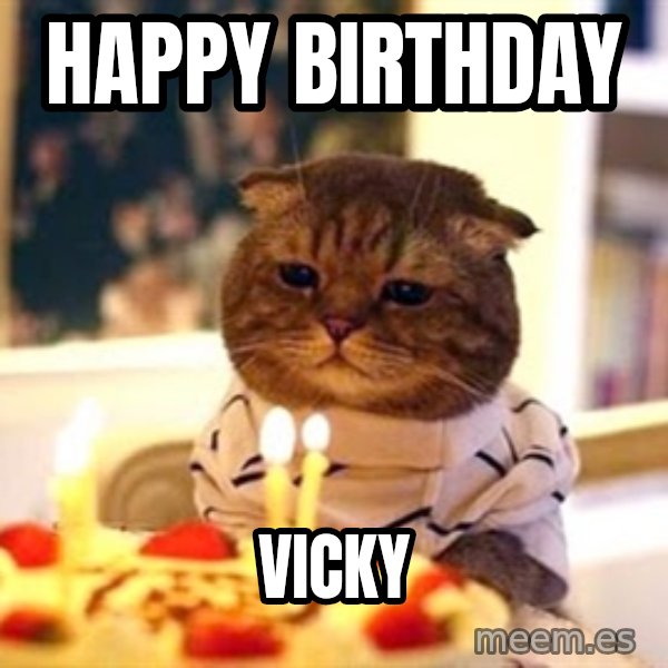 Birthday Cat meme: happy birthday / vicky