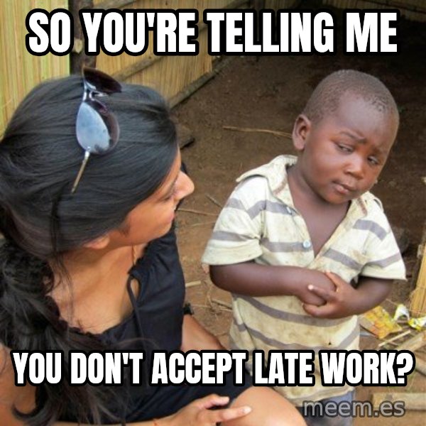 skeptical black kid meme: So you're telling me / you don't accept late work?