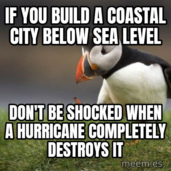 Unpopular Opinion Puffin meme: If you build a coastal city below sea level / Don't be shocked when a Hurricane completely destroys it