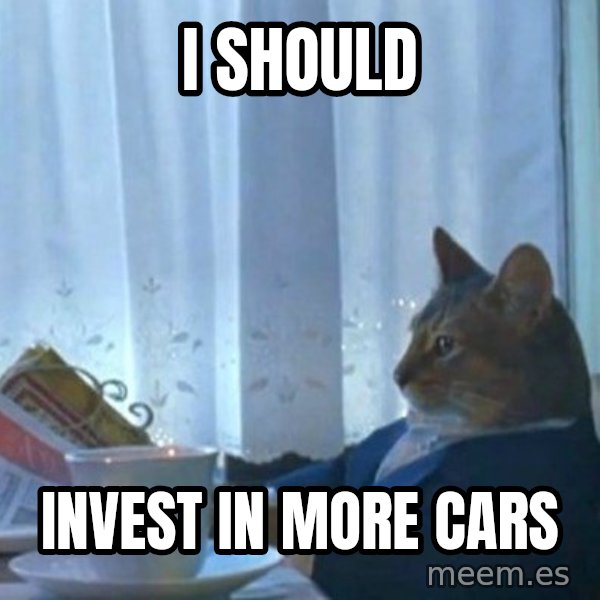 newspaper cat realization meme: I should / invest in more cars