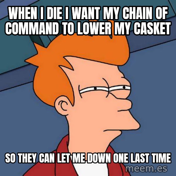 Futurama Fry meme: when i die i want my chain of command to lower my casket / so they can let me down one last time