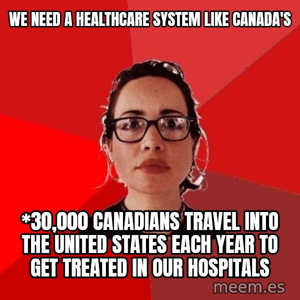 Liberal Douche Garofalo meme: We need a healthcare system like Canada's / *30,000 Canadians travel into the United States each year to get treated in our hospitals
