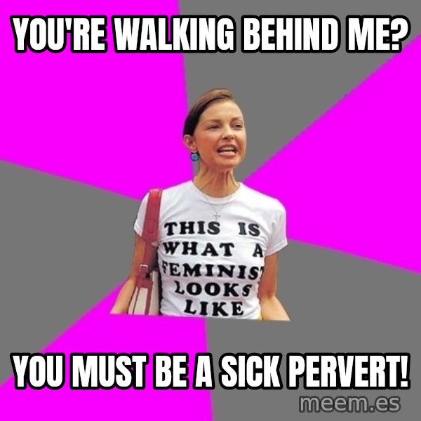 Feminist Cunt meme: You're walking behind me? / You must be a sick pervert!
