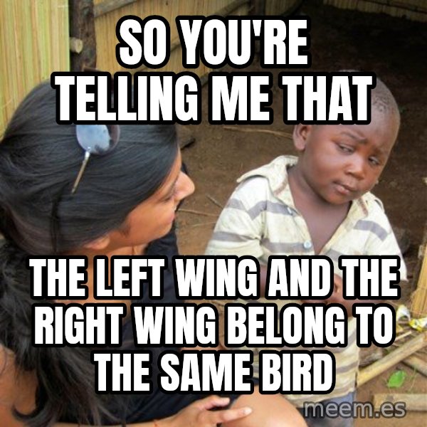 Skeptical 3rd World Kid meme: So you're telling me that / the left wing and the right wing belong to the same bird