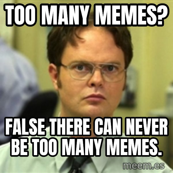 Dwight Schrute meme: Too many memes? / False There can never be too many memes.