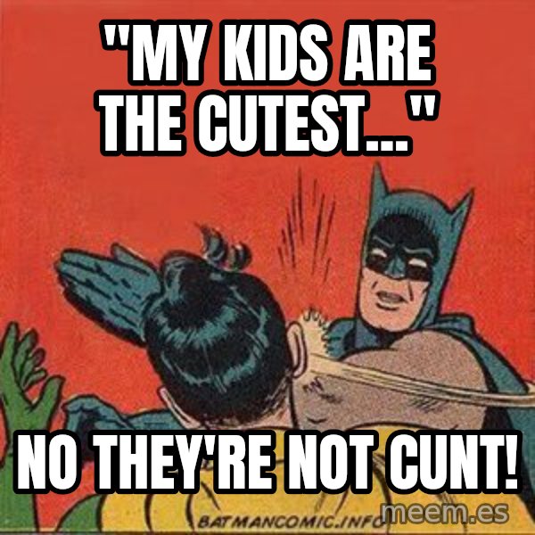 batman slap robin meme: "My kids are the cutest..." / No they're not cunt!