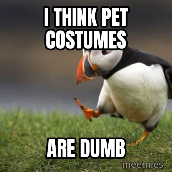 Unpopular Opinion Puffin meme: i think pet costumes / are dumb