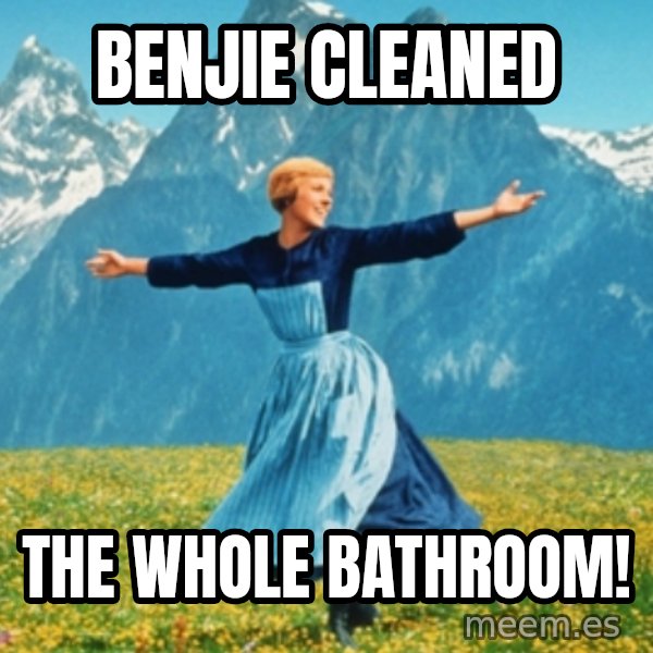 Sound Of Music Lady meme: Benjie cleaned / the whole bathroom!