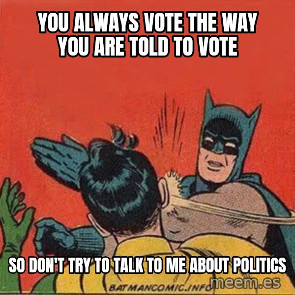 batman slap robin meme: you always vote the way you are told to vote / so don't try to talk to me about politics