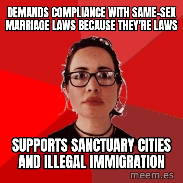 Liberal Douche Garofalo meme: demands compliance with same-sex marriage laws because they're laws / supports sanctuary cities and illegal immigration