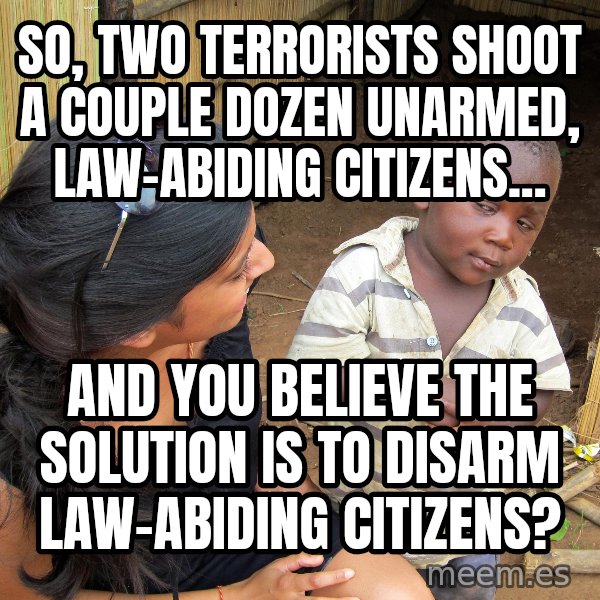 Skeptical 3rd World Kid meme: SO, TWO TERRORISTS SHOOT A COUPLE DOZEN UNARMED, LAW-ABIDING CITIZENS... / AND YOU BELIEVE THE SOLUTION IS TO DISARM LAW-ABIDING CITIZENS?