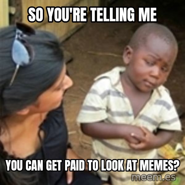 Skeptical african kid  meme: So you're telling me / you can get paid to look at memes?