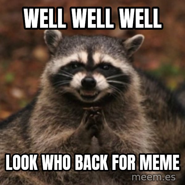 evil raccoon meme: well well well / look who back for meme