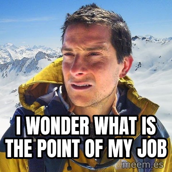 Bear Grylls Loneliness meme: i wonder what is the point of my job