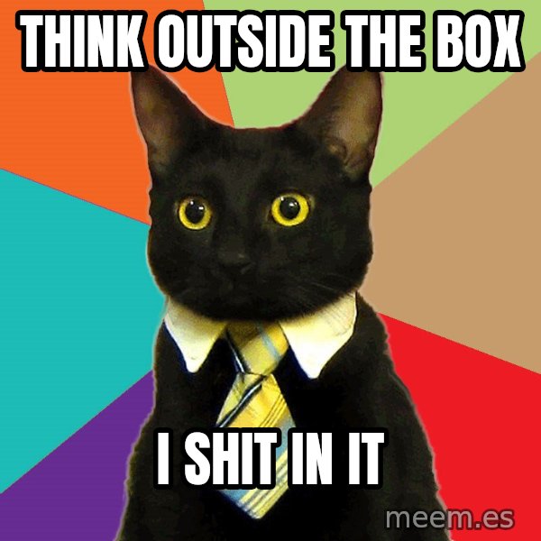 Business Cat meme: think outside the box / i shit in it