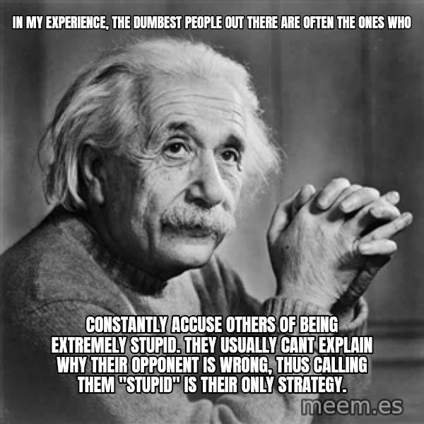 Albert Einstein meme: In my experience, the dumbest people out there are often the ones who / constantly accuse others of being extremely stupid. they usually cant explain why their opponent is wrong, thus calling them "stupid" is their only strategy.