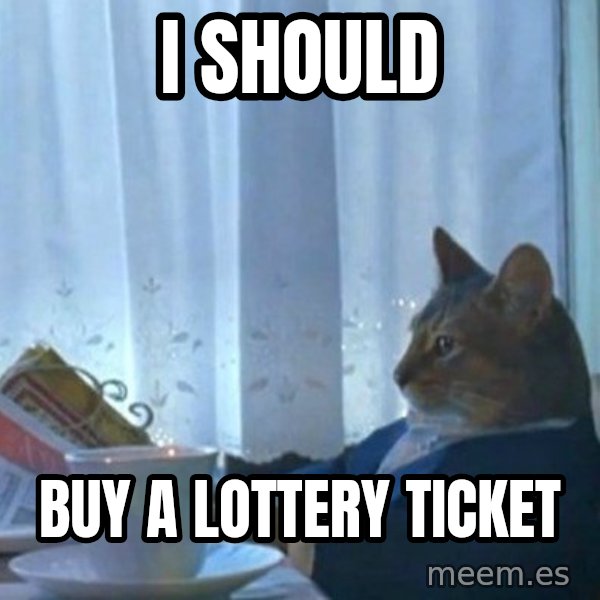 newspaper cat realization meme: I SHOULD / BUY A LOTTERY TICKET