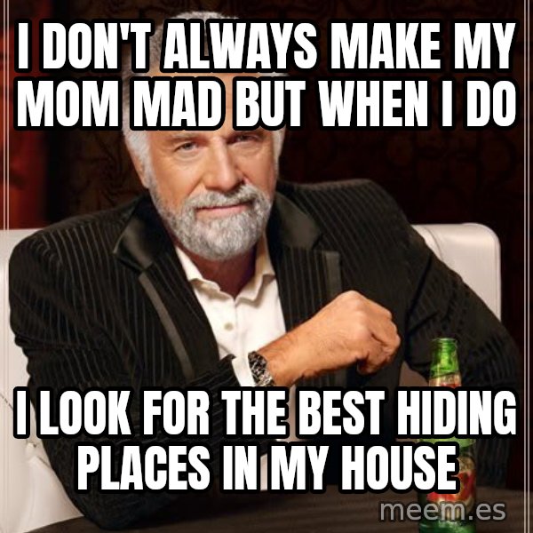 The Most Interesting Man In The World meme: I don't always make my mom mad but when i do / I look for the best hiding places in my house