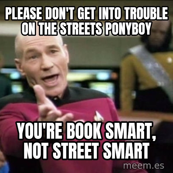 Why the fuck meme: please don't get into trouble on the streets ponyboy / you're book smart, not street smart