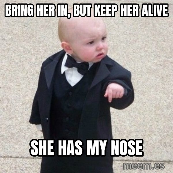 Mafia Baby meme: Bring her in, but keep her alive / She has my nose