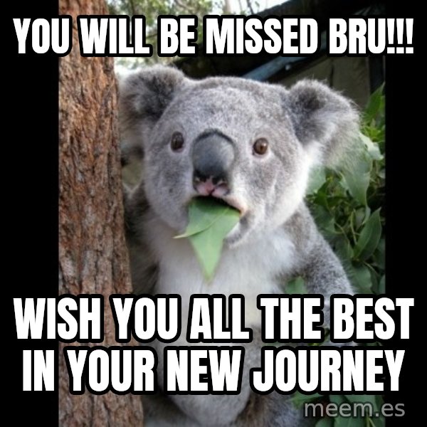 Koala can't believe it meme: You will be missed bru!!! / Wish you all the best in your new journey