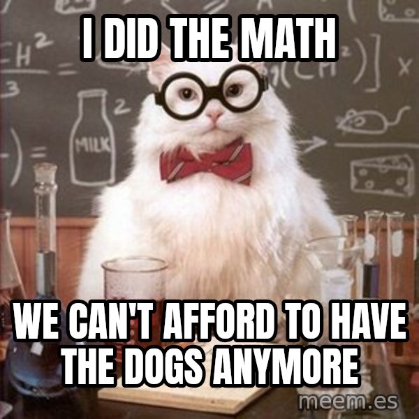 Chemistry Cat meme: I DID THE MATH / WE CAN'T AFFORD TO HAVE THE DOGS ANYMORE
