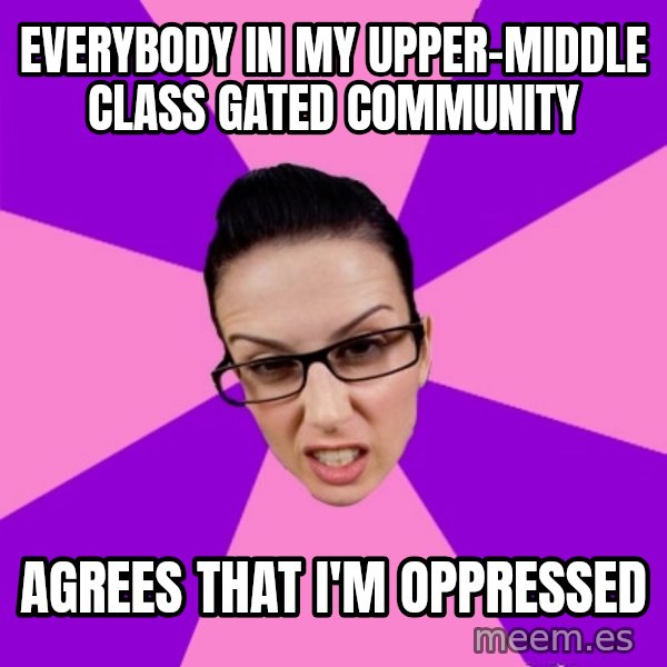 Privilege Denying Feminist meme: everybody in my upper-middle class gated community / agrees that i'm oppressed