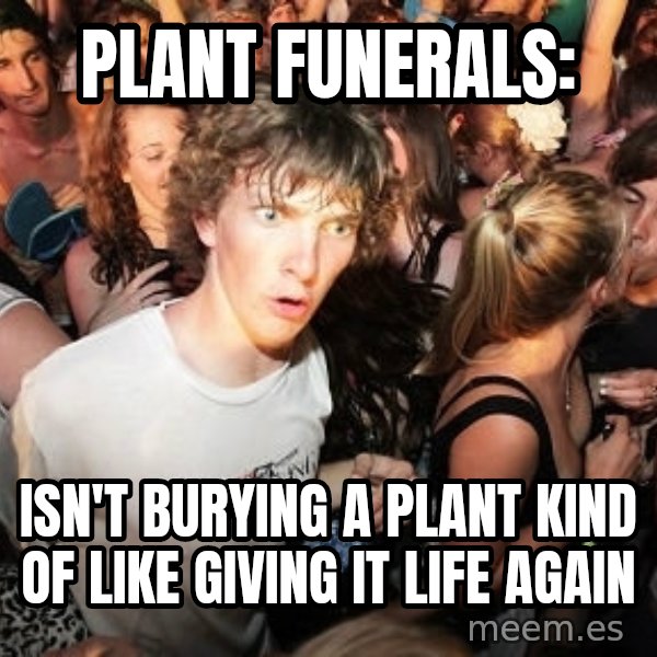 Sudden Realization Ralph meme: Plant funerals: / Isn't burying a plant kind of like giving it life again
