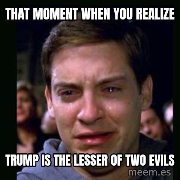 crying peter parker meme: that moment when you realize / Trump is the lesser of two evils