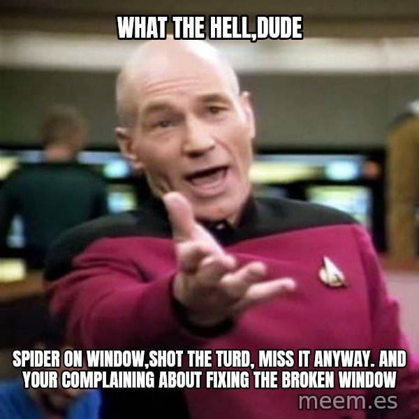 Picard Wtf meme: What the hell,dude / Spider on window,shot the turd, miss it anyway. And your complaining about fixing the broken window