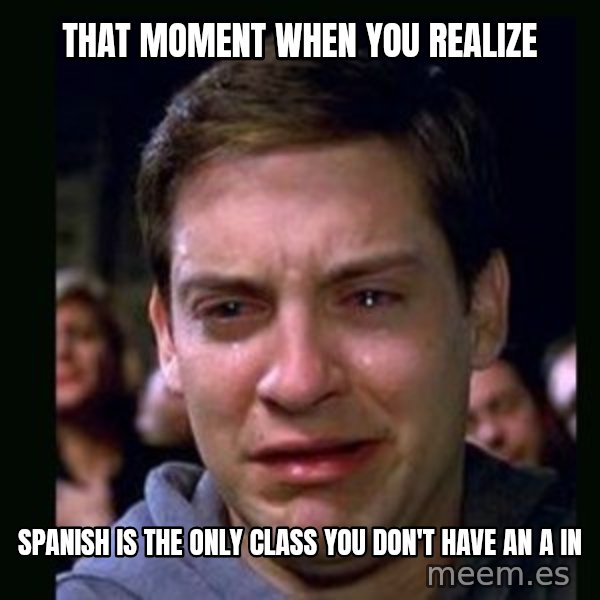 crying peter parker meme: That moment when you realize / Spanish is the only class you don't have an A in