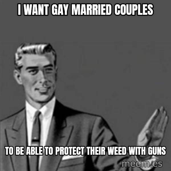 Correction Guy meme: i want gay married couples / to be able to protect their weed with guns