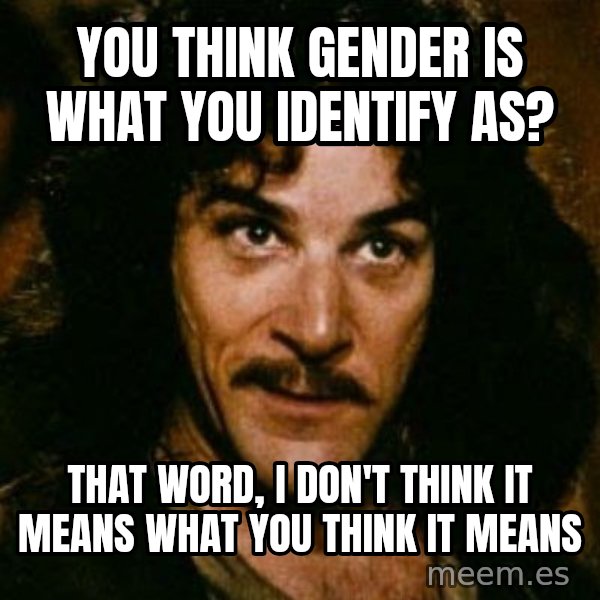 You keep using that word, I don't think it means what you think it means meme: You think gender is what you identify as? / That word, I don't think it means what you think it means