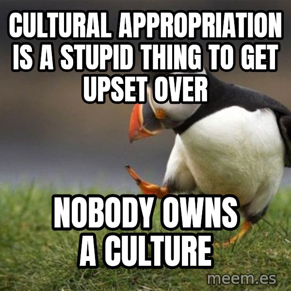 Unpopular Opinion Puffin meme: Cultural Appropriation is a stupid thing to get upset over / Nobody owns a culture