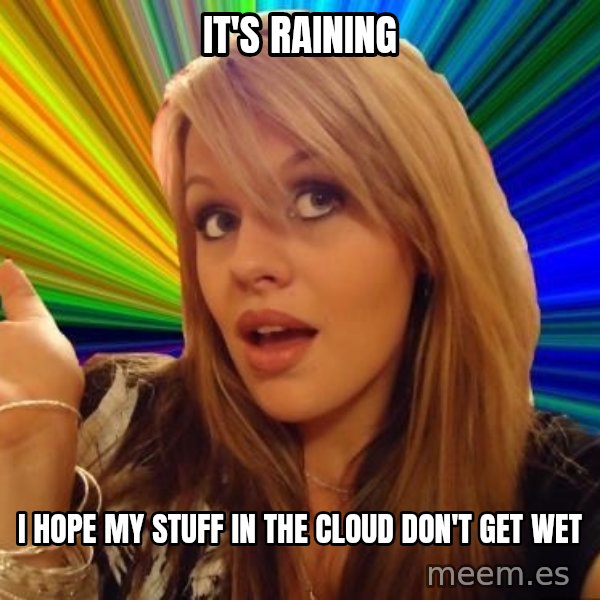 Dumb Blonde meme: it's raining / i hope my stuff in the cloud don't get wet